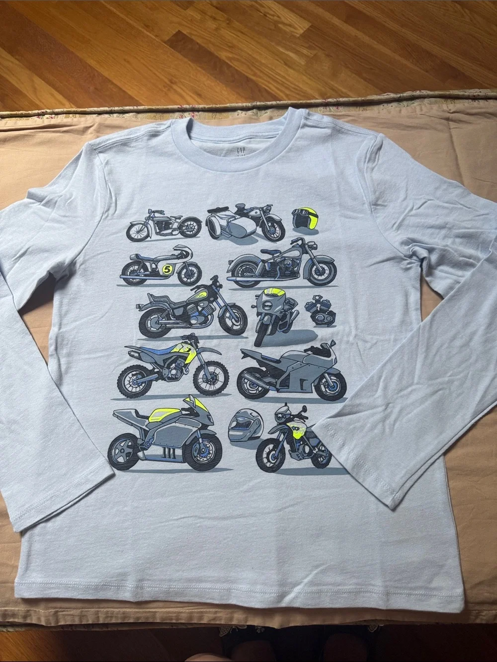 GAP Light Blue Long Sleeve Tee with Motorcycle Graphic - Yellow Accents